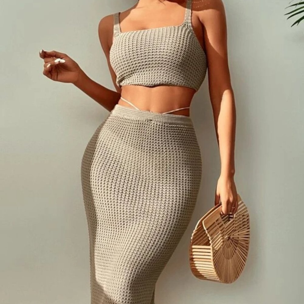 Tan 2 piece knit skirt and crop top knit coverup set - Picture 14 of 15